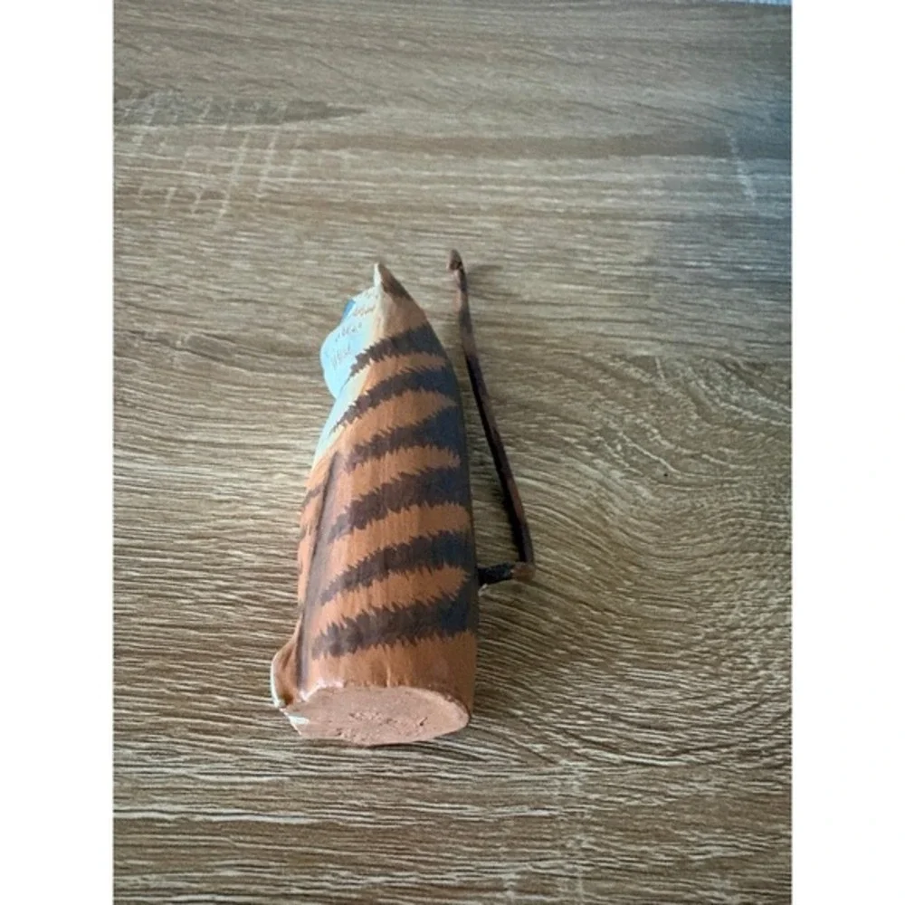 Hand-Carved‎ Wooden Cat Figurine - Whimsical Folk Art Decor - Long Tail Striped